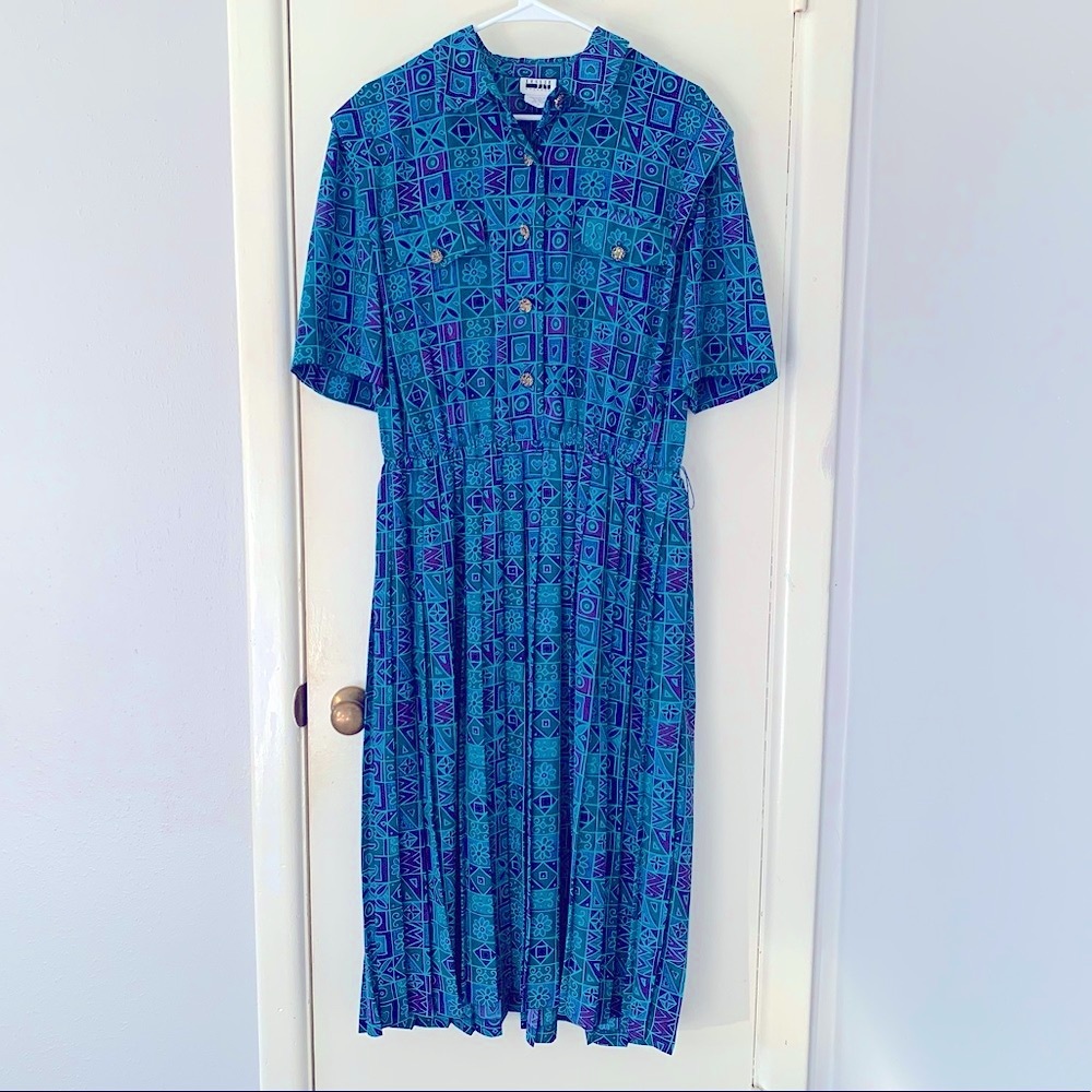 🎨VTG 1980s Leslie Fay Lightweight Geo Floral Print Size 18